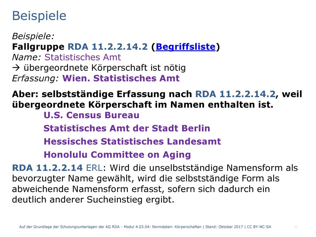 Beispiele Beispiele: Fallgruppe RDA (Begriffsliste)