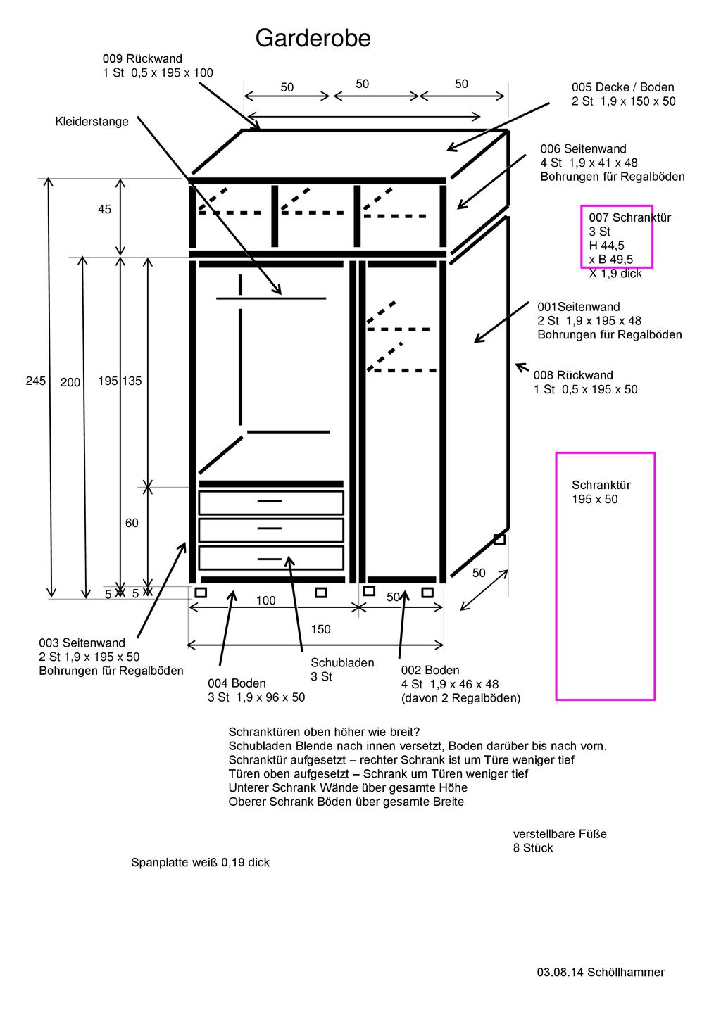 Garderobe 009 Rückwand 1 St 0,5 x 195 x Decke / Boden