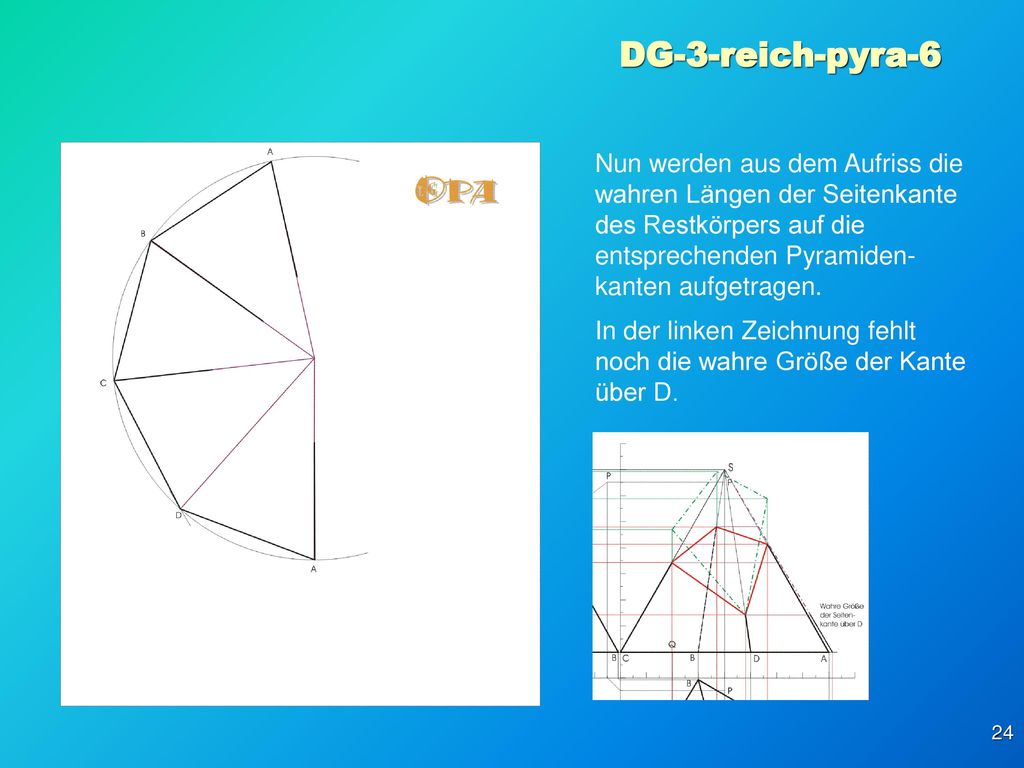 DG-3-reich-pyra-6 Nun werden aus dem Aufriss die wahren Längen der Seitenkante des Restkörpers auf die entsprechenden Pyramiden-kanten aufgetragen.