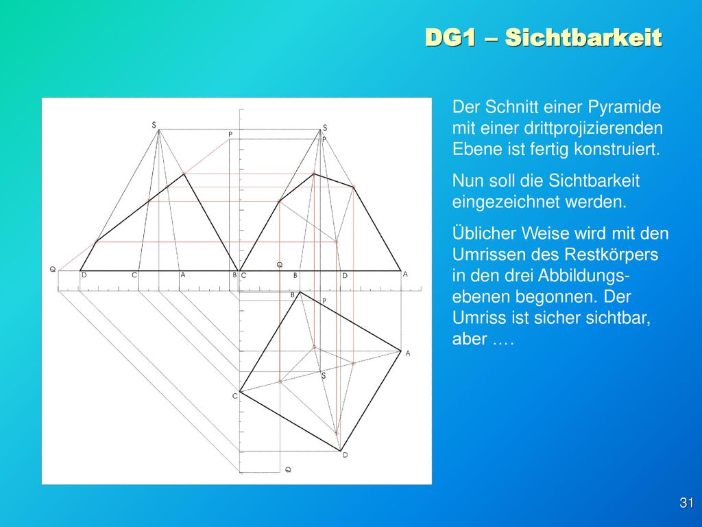 DG1 – Sichtbarkeit Der Schnitt einer Pyramide mit einer drittprojizierenden Ebene ist fertig konstruiert.