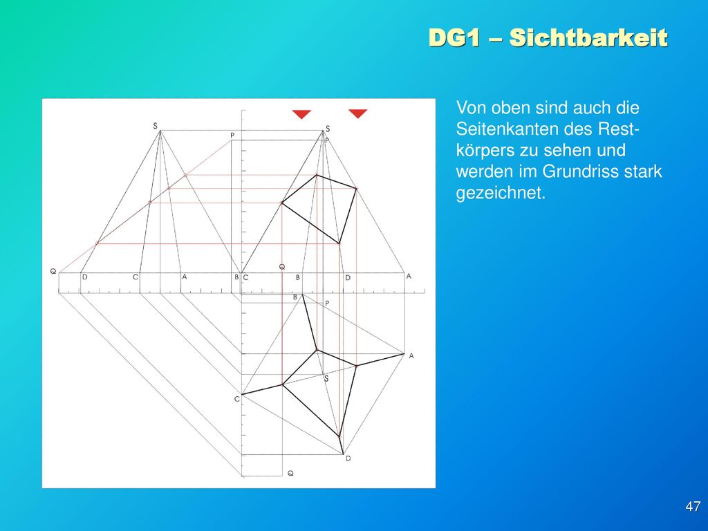 DG1 – Sichtbarkeit Von oben sind auch die Seitenkanten des Rest-körpers zu sehen und werden im Grundriss stark gezeichnet.