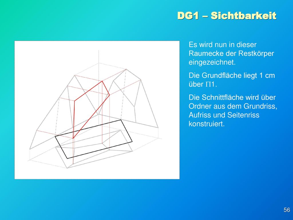 DG1 – Sichtbarkeit Es wird nun in dieser Raumecke der Restkörper eingezeichnet. Die Grundfläche liegt 1 cm über P1.