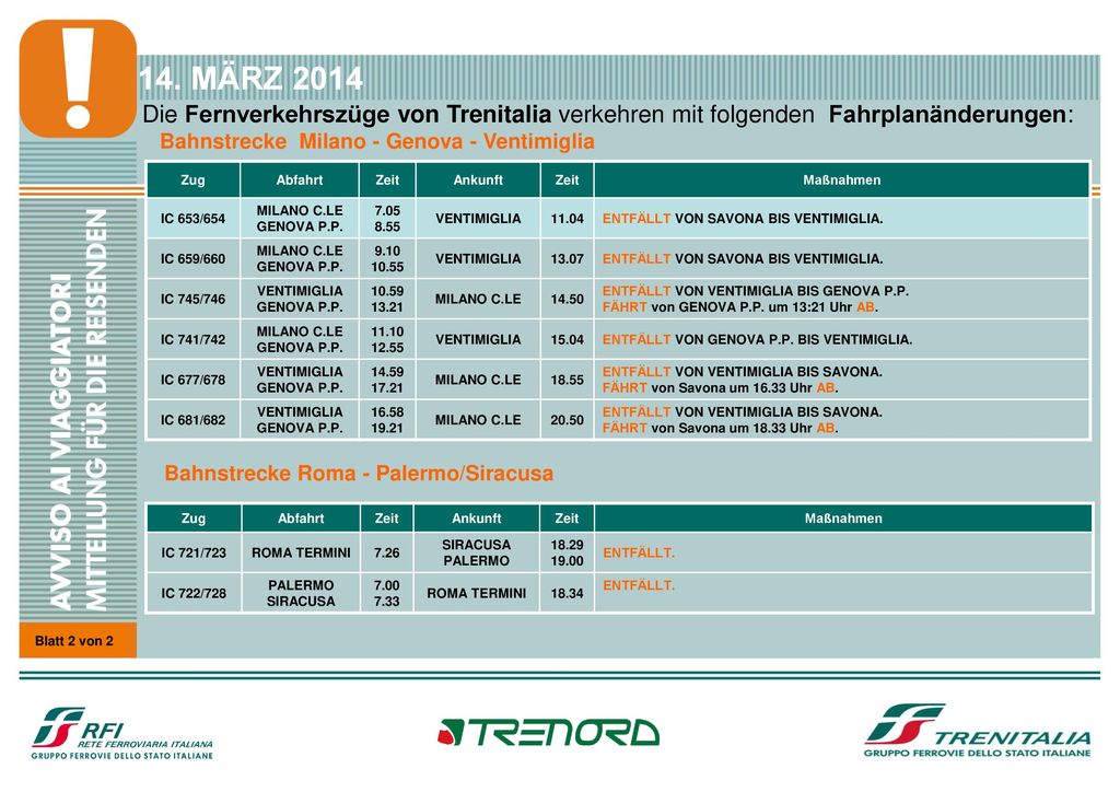 14. MÄRZ 2014 Die Fernverkehrszüge von Trenitalia verkehren mit folgenden Fahrplanänderungen: Bahnstrecke Milano - Genova - Ventimiglia.