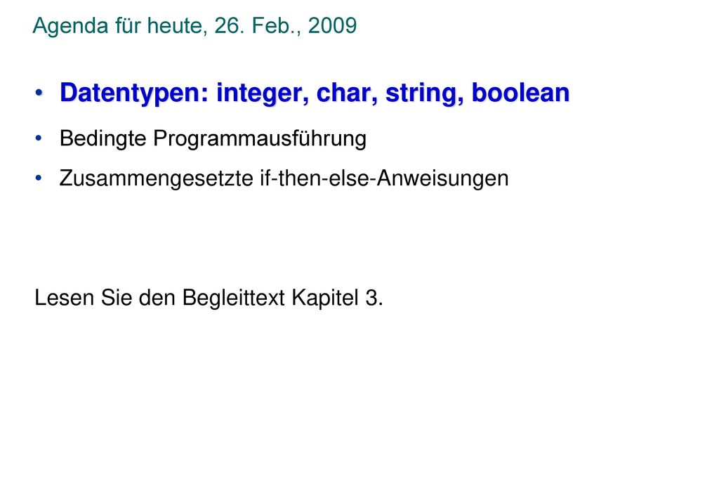 Datentypen: integer, char, string, boolean