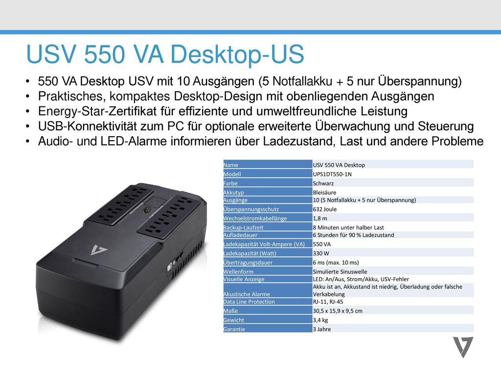 USV 550 VA Desktop-US 550 VA Desktop USV mit 10 Ausgängen (5 Notfallakku + 5 nur Überspannung)