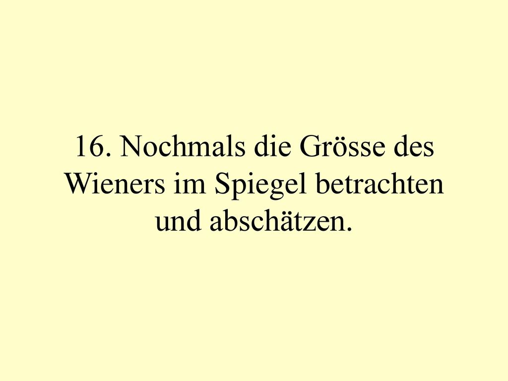 16. Nochmals die Grösse des Wieners im Spiegel betrachten und abschätzen.