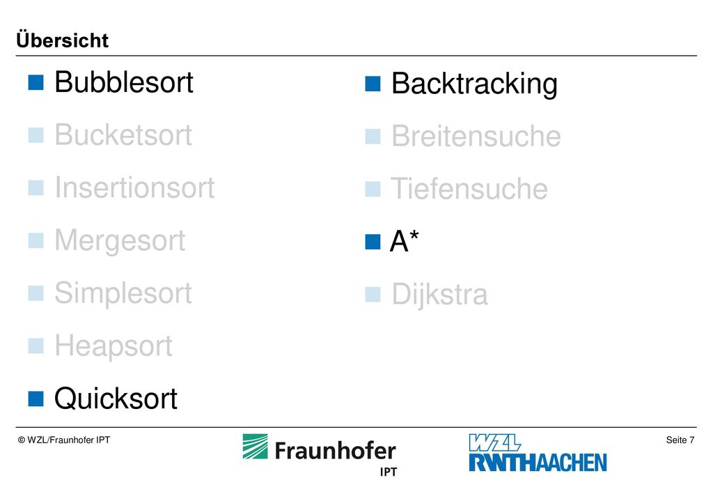 Bubblesort Backtracking Bucketsort Breitensuche Insertionsort