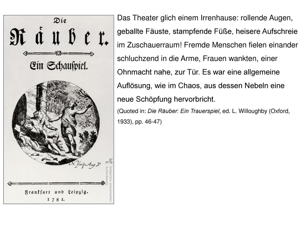 Das Theater glich einem Irrenhause: rollende Augen, geballte Fäuste, stampfende Füße, heisere Aufschreie im Zuschauerraum! Fremde Menschen fielen einander schluchzend in die Arme, Frauen wankten, einer Ohnmacht nahe, zur Tür. Es war eine allgemeine Auflösung, wie im Chaos, aus dessen Nebeln eine neue Schöpfung hervorbricht.