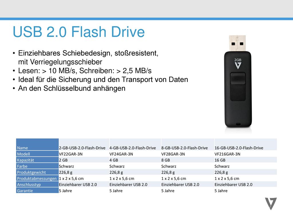 USB 2.0 Flash Drive Einziehbares Schiebedesign, stoßresistent, mit Verriegelungsschieber. Lesen: > 10 MB/s, Schreiben: > 2,5 MB/s.