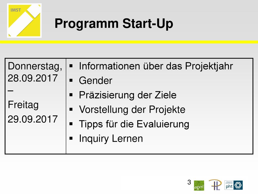 Programm Start-Up Donnerstag, – Freitag