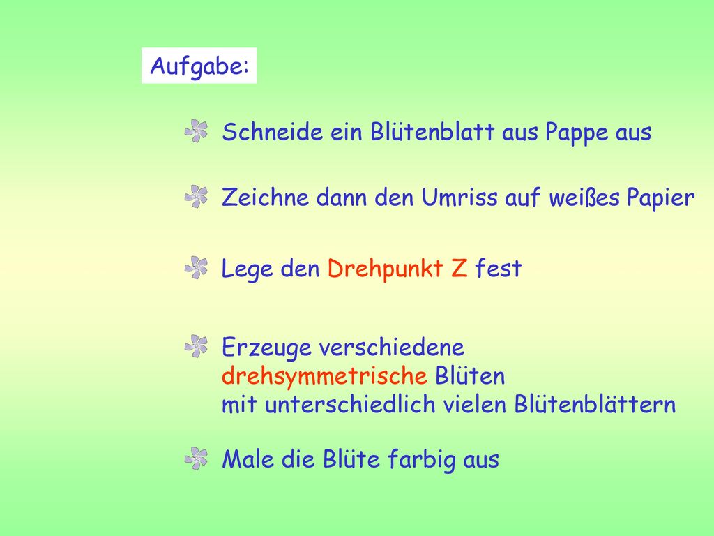 Aufgabe: Schneide ein Blütenblatt aus Pappe aus. Zeichne dann den Umriss auf weißes Papier. Lege den Drehpunkt Z fest.