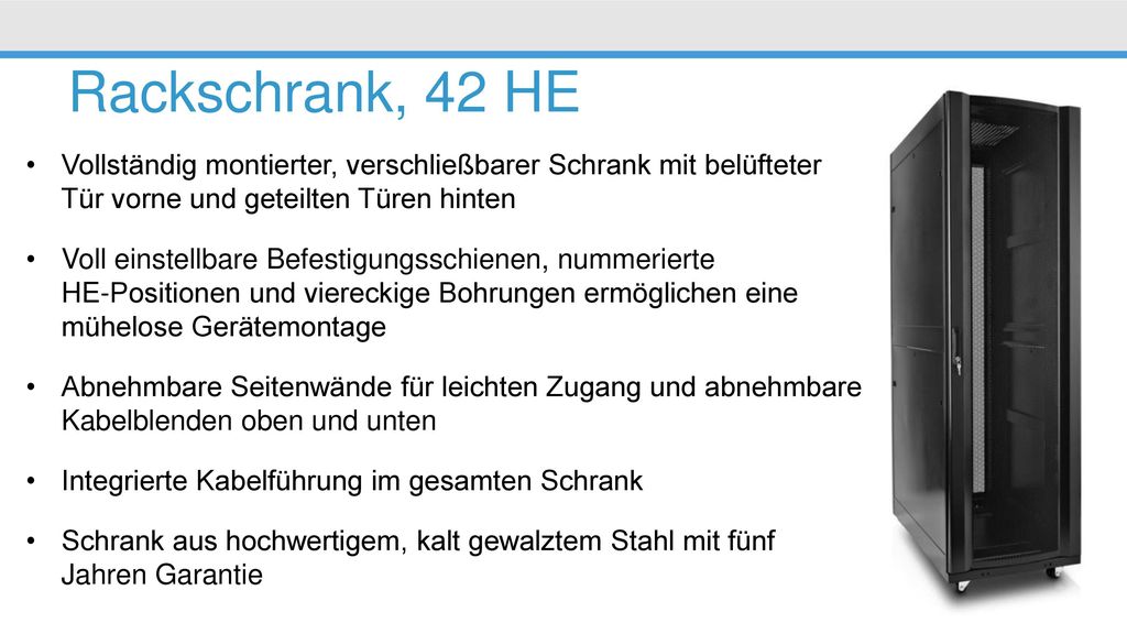 Rackschrank, 42 HE Vollständig montierter, verschließbarer Schrank mit belüfteter Tür vorne und geteilten Türen hinten.