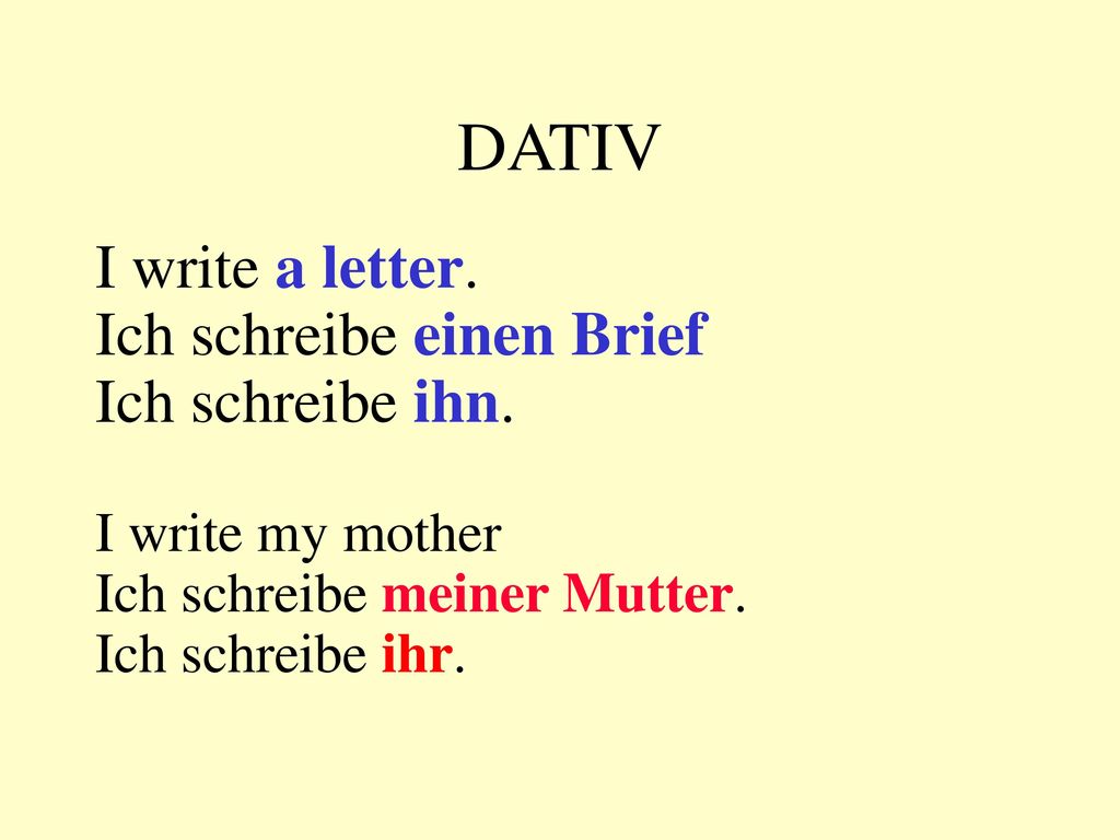 DATIV I write a letter. Ich schreibe einen Brief Ich schreibe ihn.