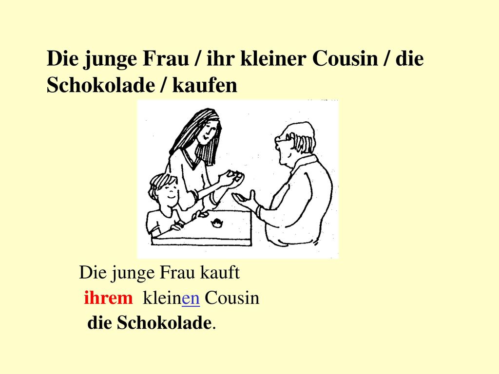 Die junge Frau / ihr kleiner Cousin / die Schokolade / kaufen