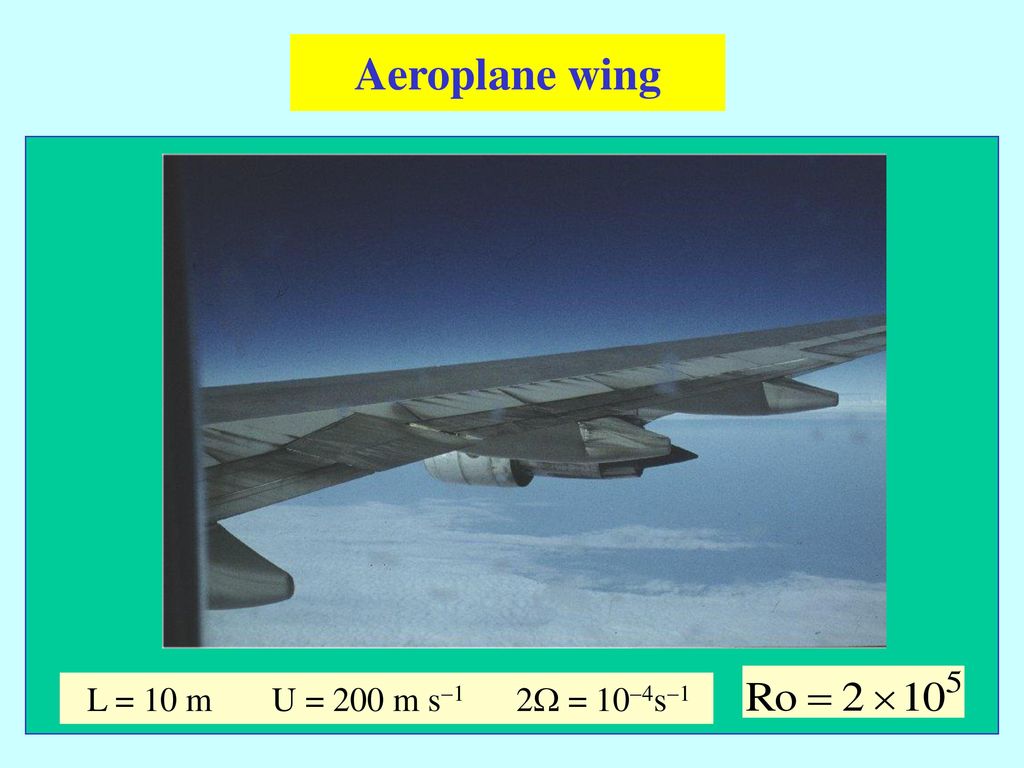 Aeroplane wing L = 10 m U = 200 m s-1 2W = 10-4s-1