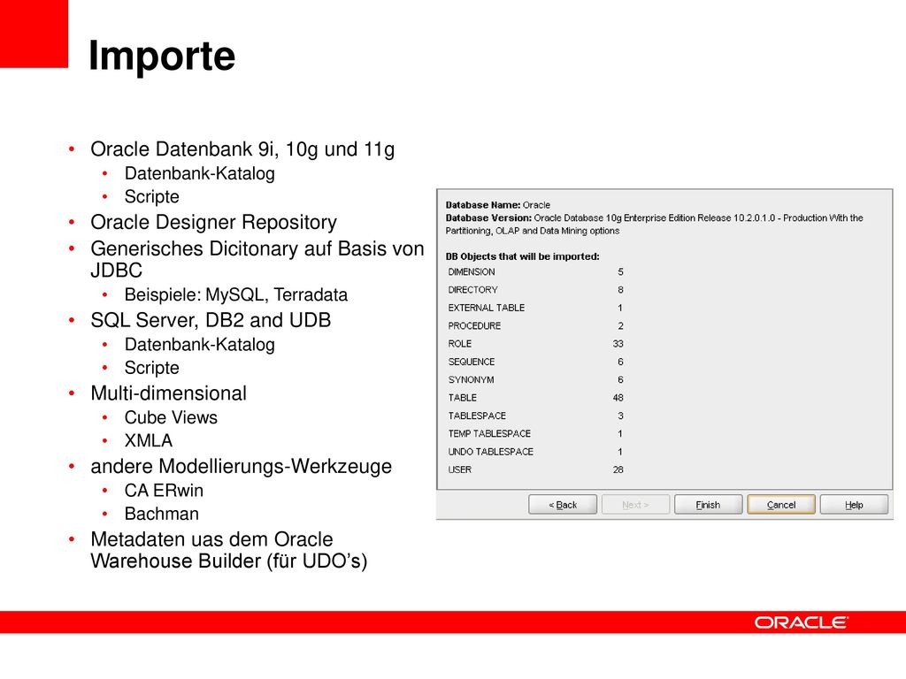 Importe Oracle Datenbank 9i, 10g und 11g Oracle Designer Repository