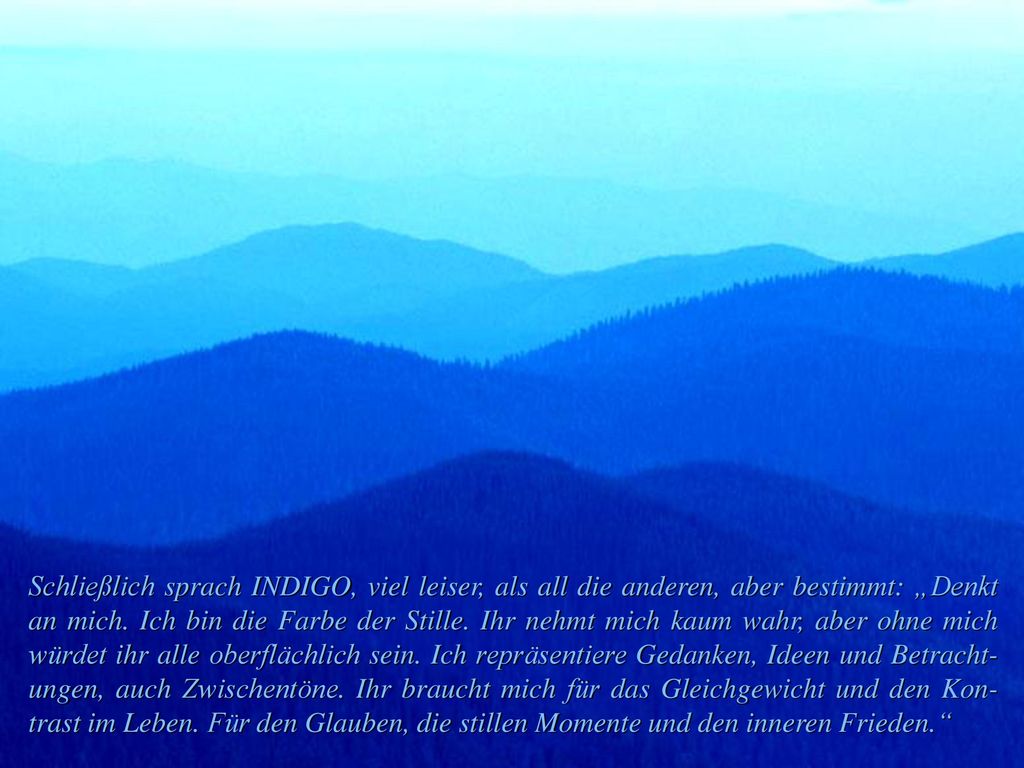 Schließlich sprach INDIGO, viel leiser, als all die anderen, aber bestimmt: „Denkt an mich.
