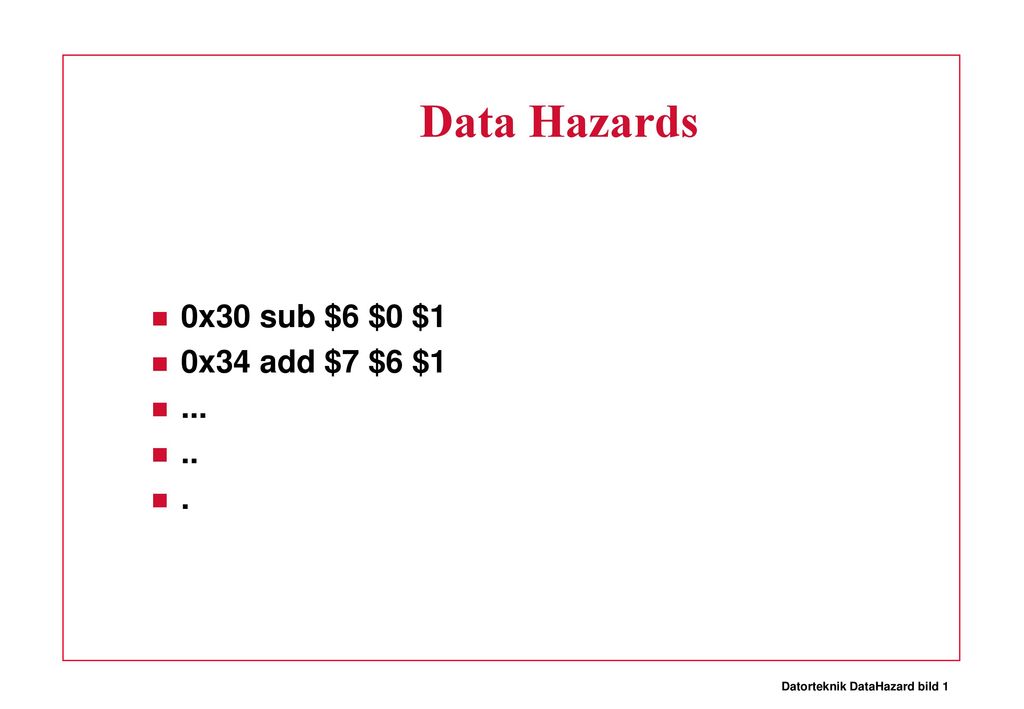 Data Hazards 0x30 sub $6 $0 $1 0x34 add $7 $6 $