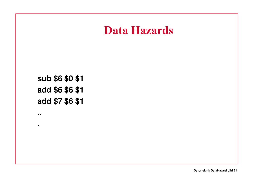 Data Hazards sub $6 $0 $1 add $6 $6 $1 add $7 $6 $1 .. .