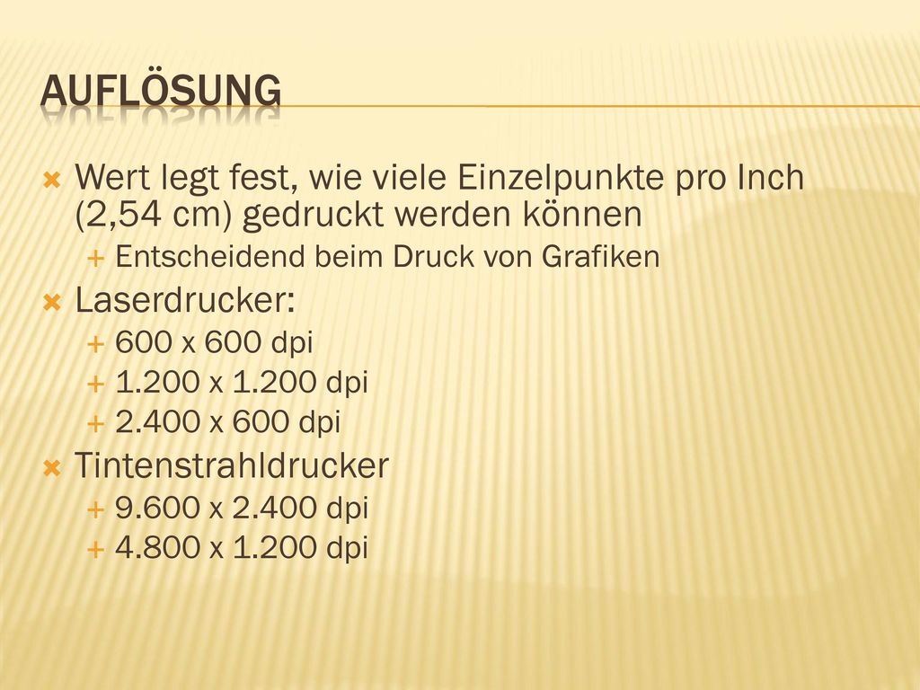 Auflösung Wert legt fest, wie viele Einzelpunkte pro Inch (2,54 cm) gedruckt werden können. Entscheidend beim Druck von Grafiken.