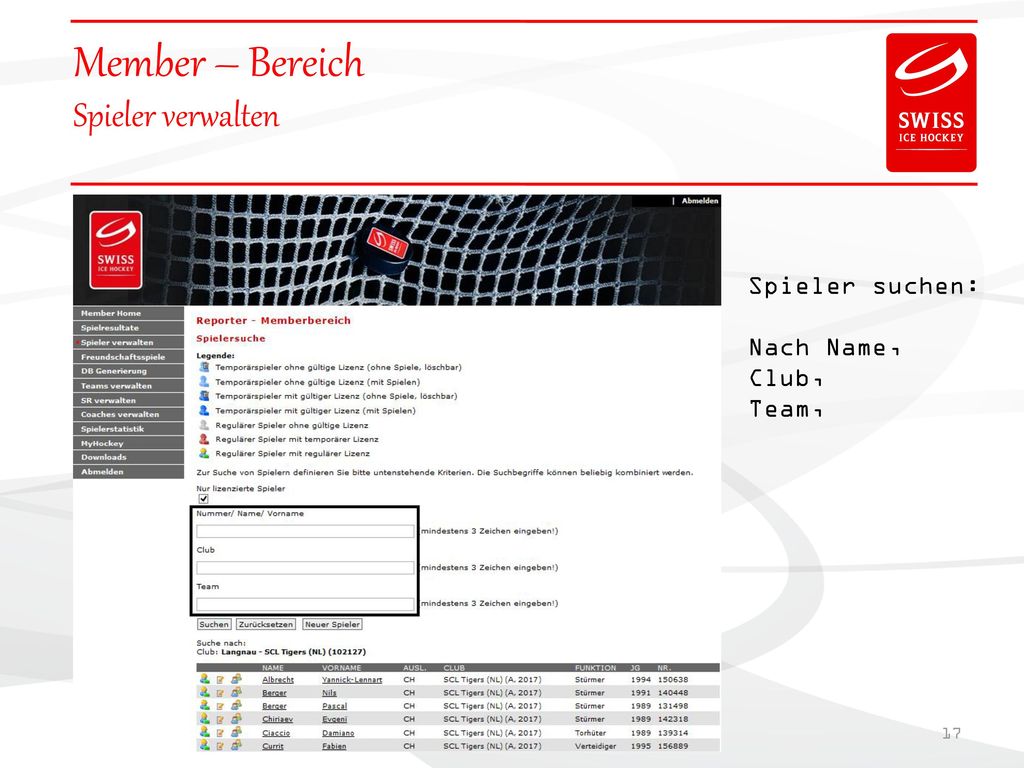 Member – Bereich Spieler verwalten Spieler suchen: Nach Name, Club,