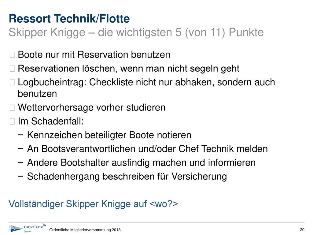 Ressort Technik/Flotte Skipper Knigge – die wichtigsten 5 (von 11) Punkte