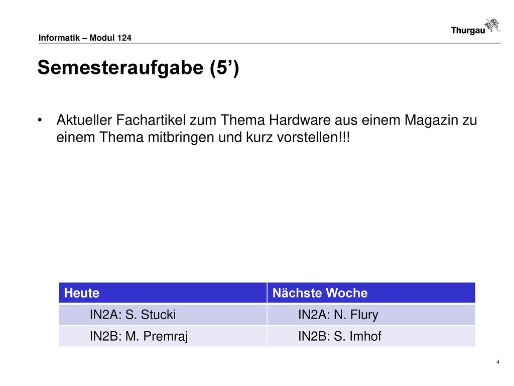 Semesteraufgabe (5’) Aktueller Fachartikel zum Thema Hardware aus einem Magazin zu einem Thema mitbringen und kurz vorstellen!!!
