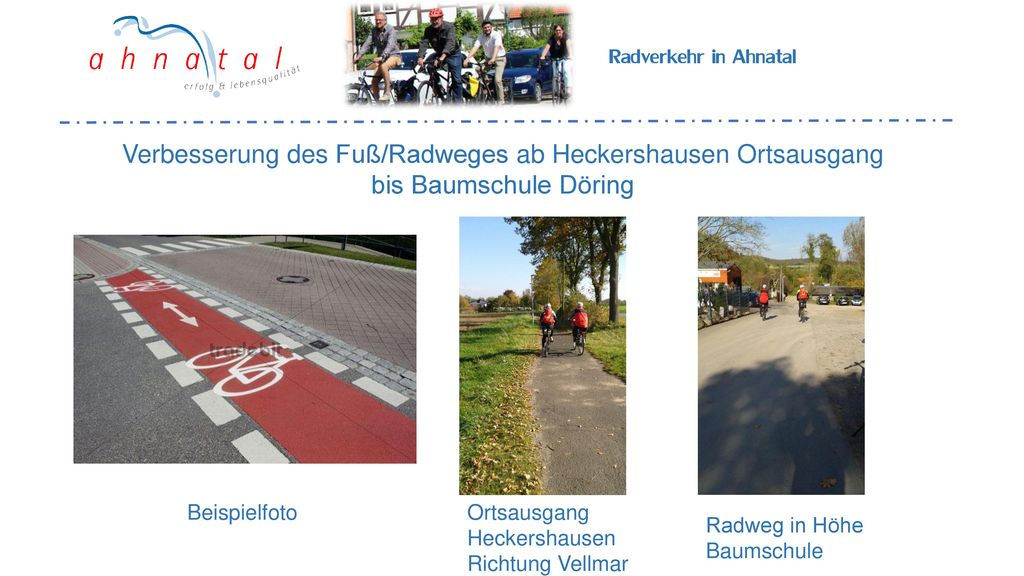 Radverkehr in Ahnatal Verbesserung des Fuß/Radweges ab Heckershausen Ortsausgang bis Baumschule Döring.