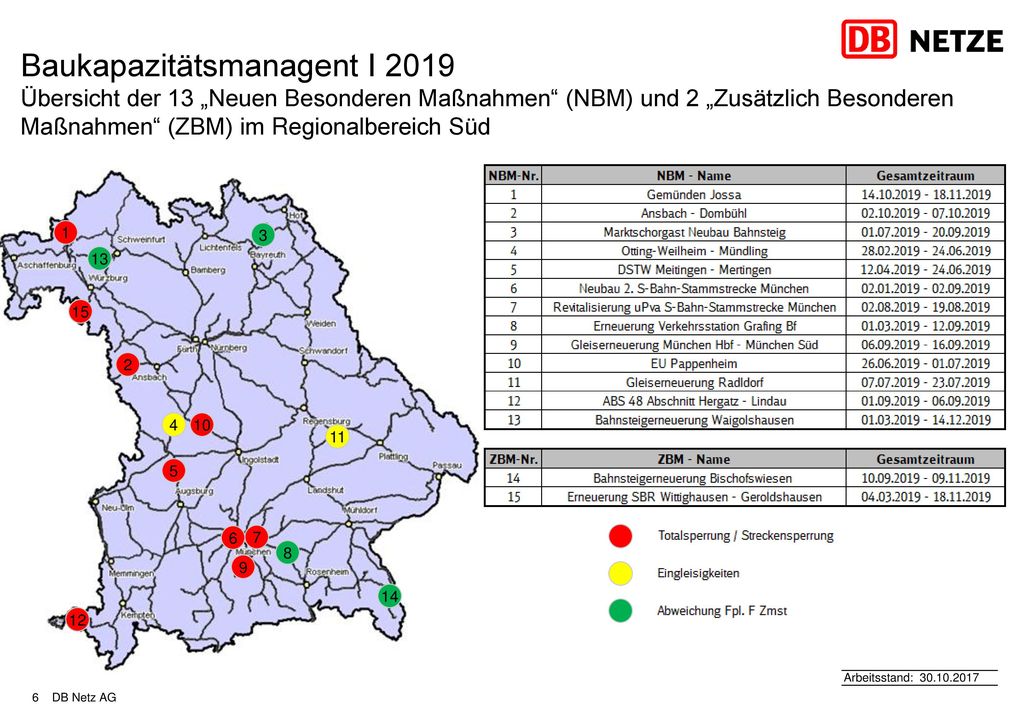Baukapazitätsmanagent I 2019 Übersicht der 13 „Neuen Besonderen Maßnahmen (NBM) und 2 „Zusätzlich Besonderen Maßnahmen (ZBM) im Regionalbereich Süd