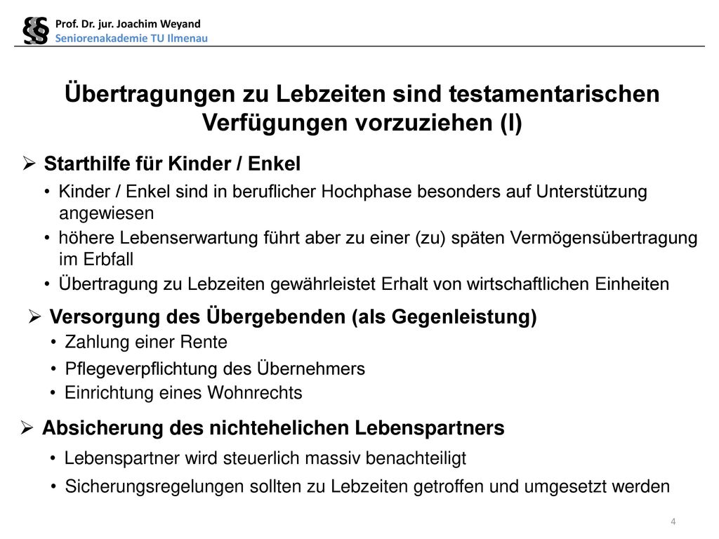§ § § Prof. Dr. jur. Joachim Weyand. Seniorenakademie TU Ilmenau. Übertragungen zu Lebzeiten sind testamentarischen Verfügungen vorzuziehen (I)