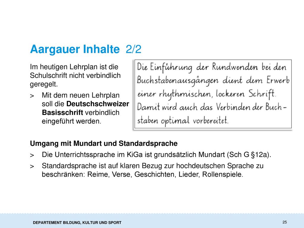 Aargauer Inhalte 2/2 Im heutigen Lehrplan ist die Schulschrift nicht verbindlich geregelt.