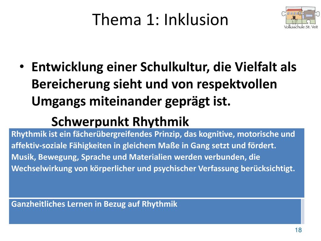 Thema 1: Inklusion Entwicklung einer Schulkultur, die Vielfalt als Bereicherung sieht und von respektvollen Umgangs miteinander geprägt ist.