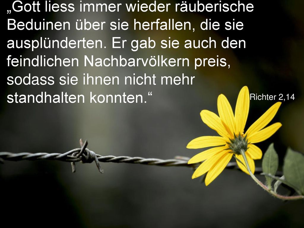 „Gott liess immer wieder räuberische Beduinen über sie herfallen, die sie ausplünderten. Er gab sie auch den feindlichen Nachbarvölkern preis, sodass sie ihnen nicht mehr standhalten konnten.