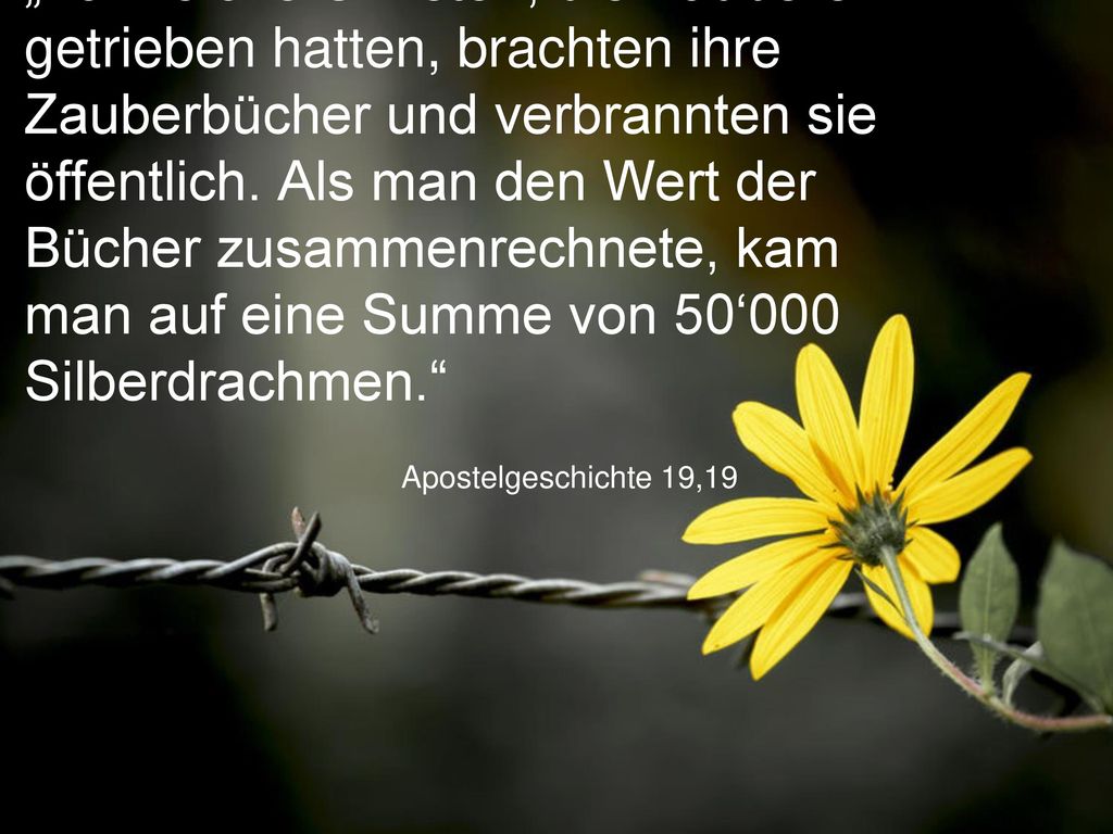 „Zahlreiche Christen, die Zauberei getrieben hatten, brachten ihre Zauberbücher und verbrannten sie öffentlich. Als man den Wert der Bücher zusammenrechnete, kam man auf eine Summe von 50‘000 Silberdrachmen.