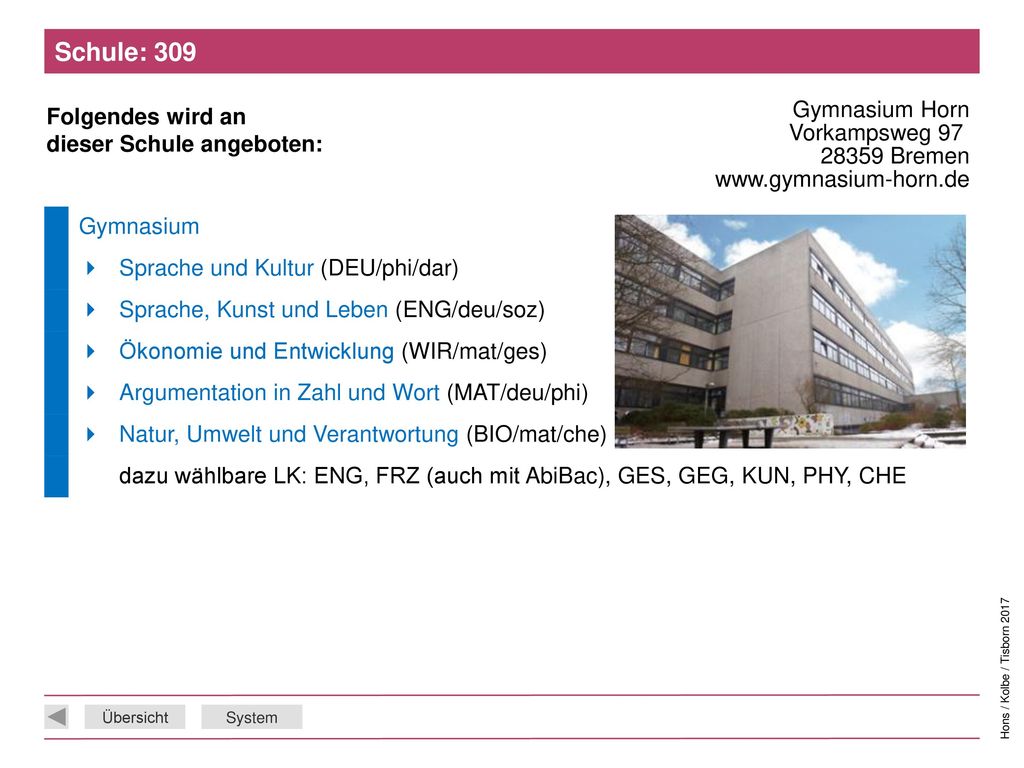 Schule: 309 Gymnasium Horn Vorkampsweg Bremen   Gymnasium.  Sprache und Kultur (DEU/phi/dar)