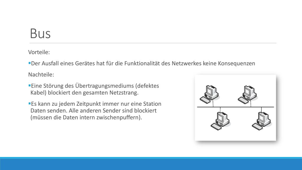 Bus Vorteile: Der Ausfall eines Gerätes hat für die Funktionalität des Netzwerkes keine Konsequenzen.