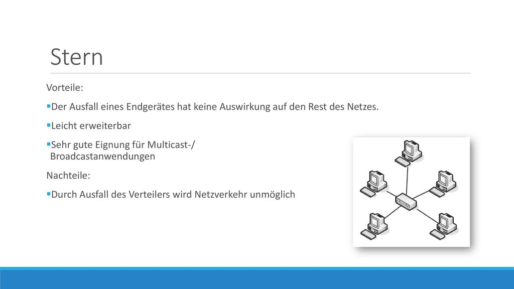 Stern Vorteile: Der Ausfall eines Endgerätes hat keine Auswirkung auf den Rest des Netzes. Leicht erweiterbar.