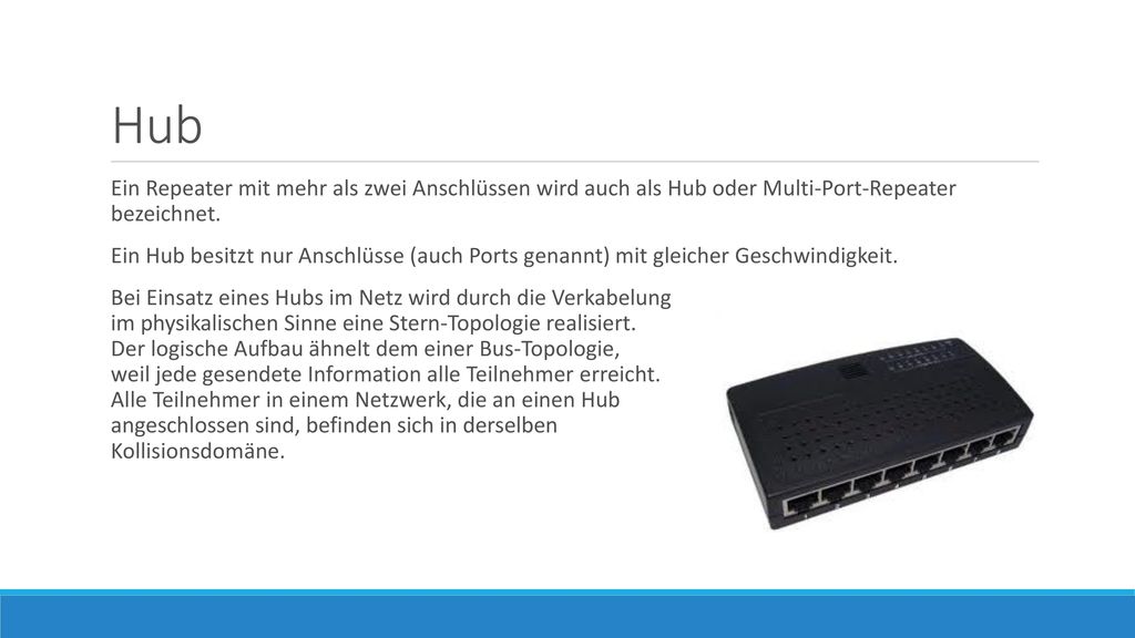 Hub Ein Repeater mit mehr als zwei Anschlüssen wird auch als Hub oder Multi-Port-Repeater bezeichnet.