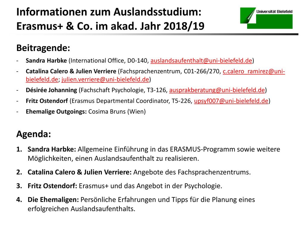 Informationen zum Auslandsstudium: Erasmus+ & Co. im akad. Jahr 2018/19