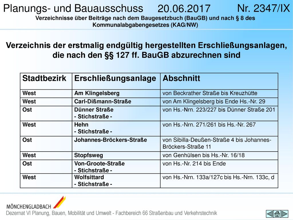 Verzeichnis der erstmalig endgültig hergestellten Erschließungsanlagen, die nach den §§ 127 ff. BauGB abzurechnen sind