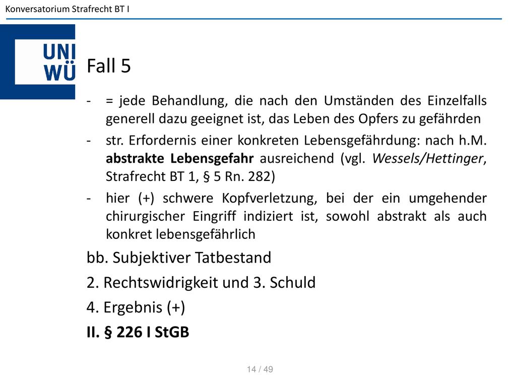 Fall 5 bb. Subjektiver Tatbestand 2. Rechtswidrigkeit und 3. Schuld