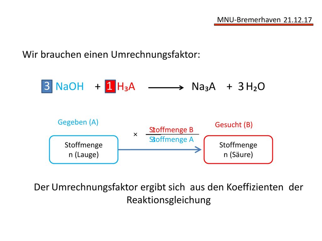 NaOH + H₃A Na₃A + H₂O Wir brauchen einen Umrechnungsfaktor: