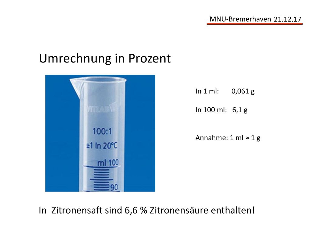 Umrechnung in Prozent In 1 ml: 0,061 g. In 100 ml: 6,1 g.