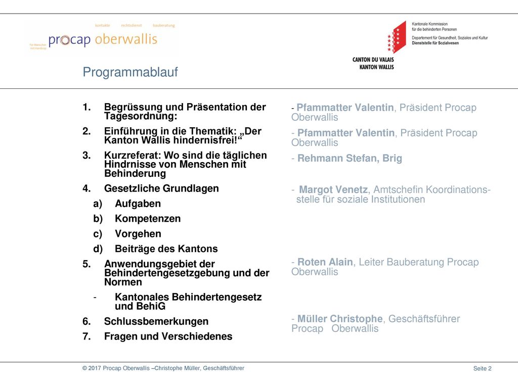 Programmablauf Begrüssung und Präsentation der Tagesordnung: