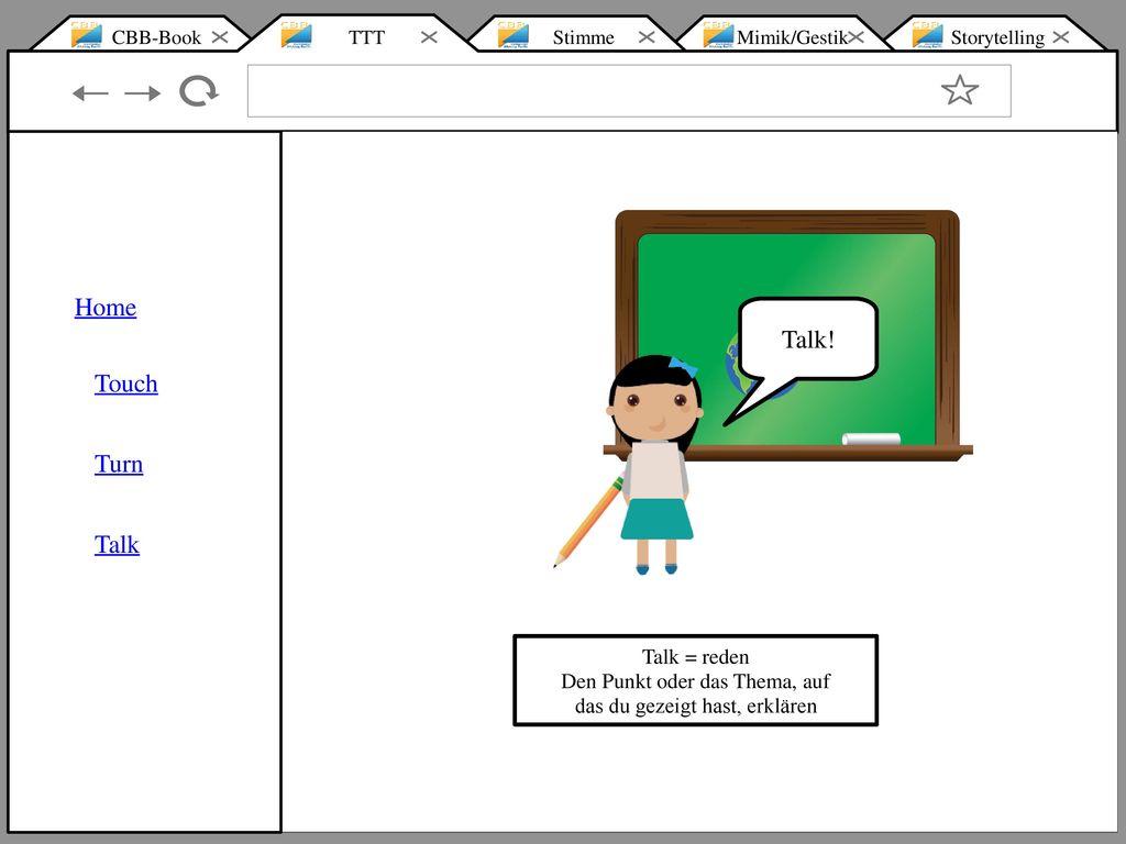 Home Talk! Touch Turn Talk Talk = reden Den Punkt oder das Thema, auf