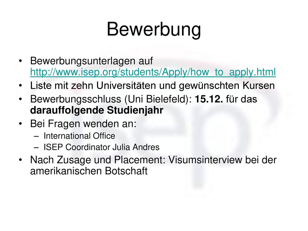Bewerbung Bewerbungsunterlagen auf   Liste mit zehn Universitäten und gewünschten Kursen.