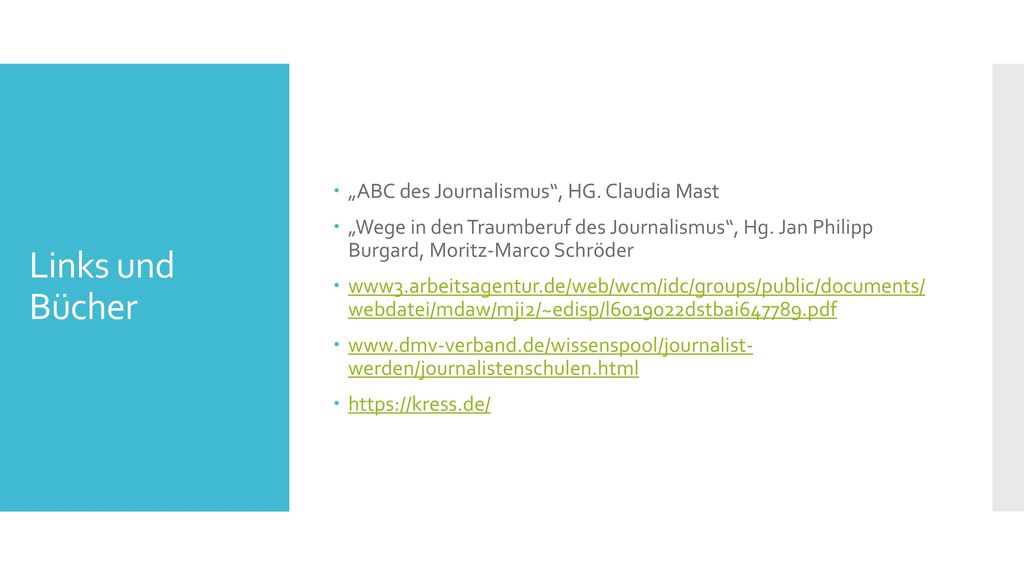 Links und Bücher „ABC des Journalismus , HG. Claudia Mast