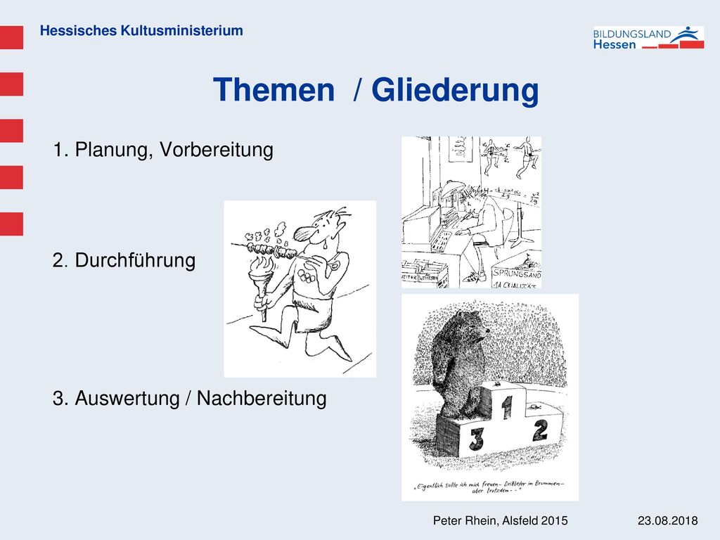 Themen / Gliederung 1. Planung, Vorbereitung 2. Durchführung 3. Auswertung / Nachbereitung Peter Rhein, Alsfeld