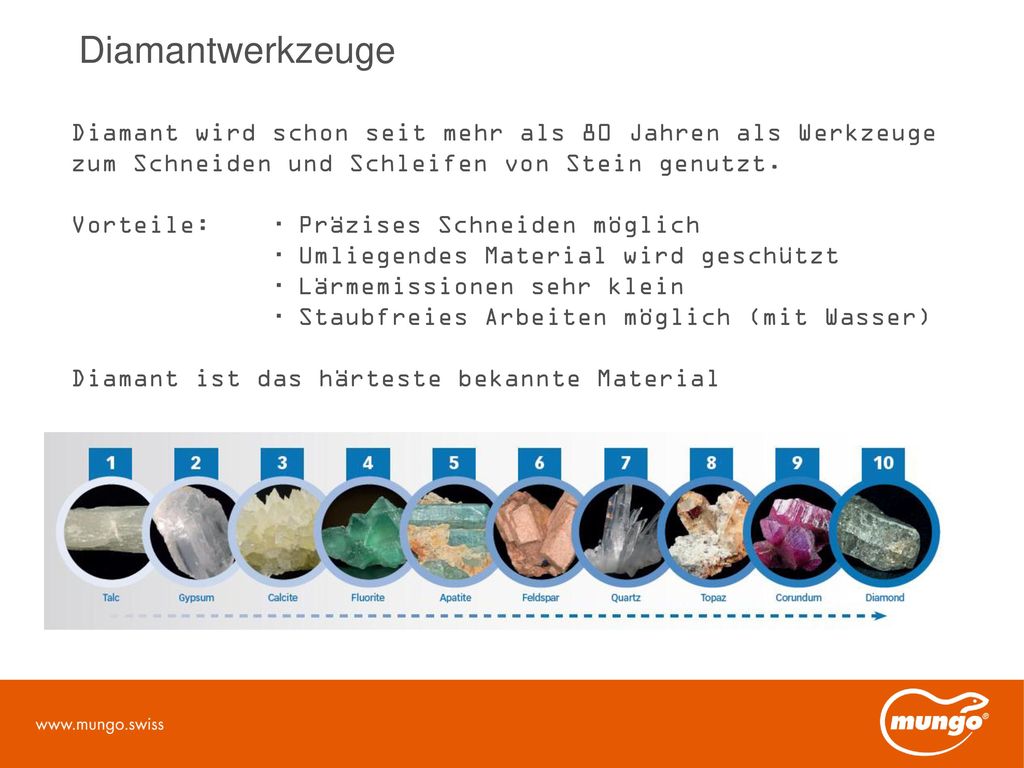 Diamantwerkzeuge Diamant wird schon seit mehr als 80 Jahren als Werkzeuge zum Schneiden und Schleifen von Stein genutzt.