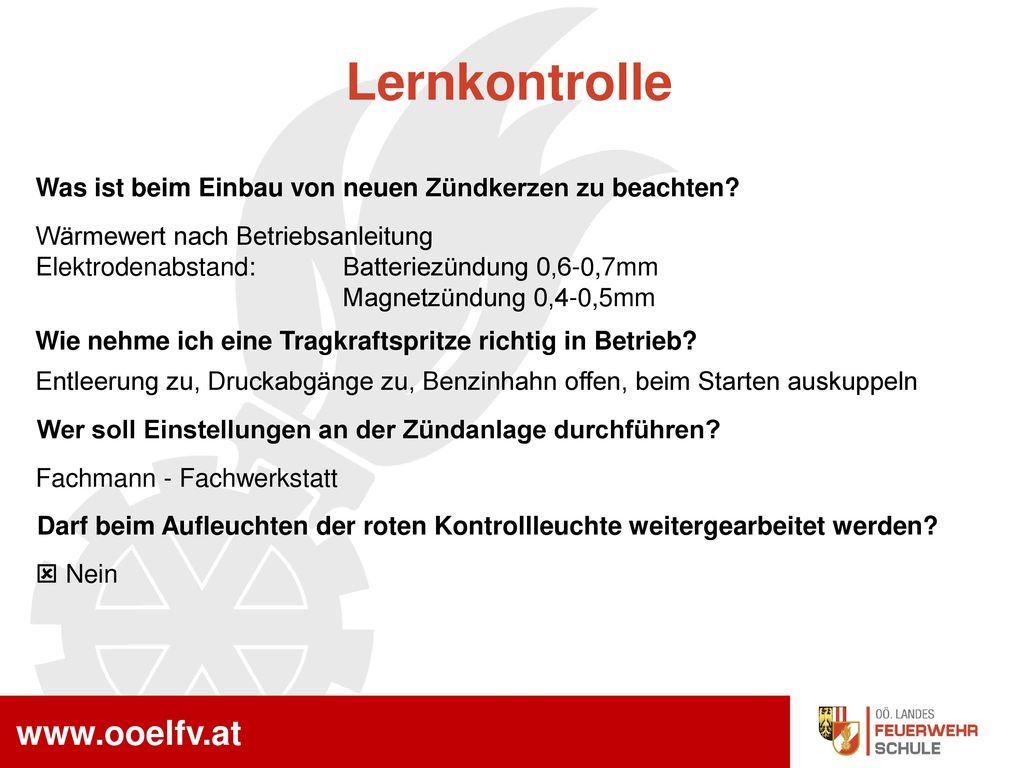Lernkontrolle Was ist beim Einbau von neuen Zündkerzen zu beachten